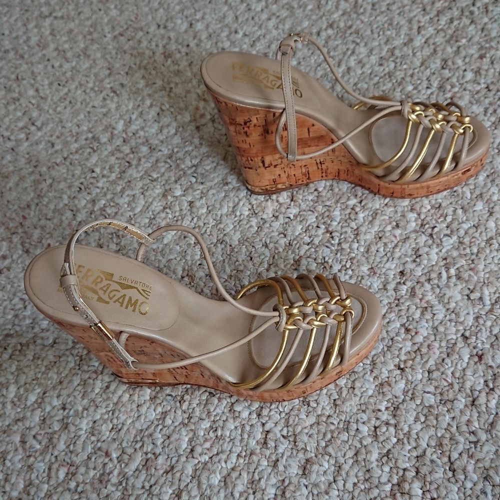 Salvatore Ferragamo beige gold leather wedge sandals size 35.5